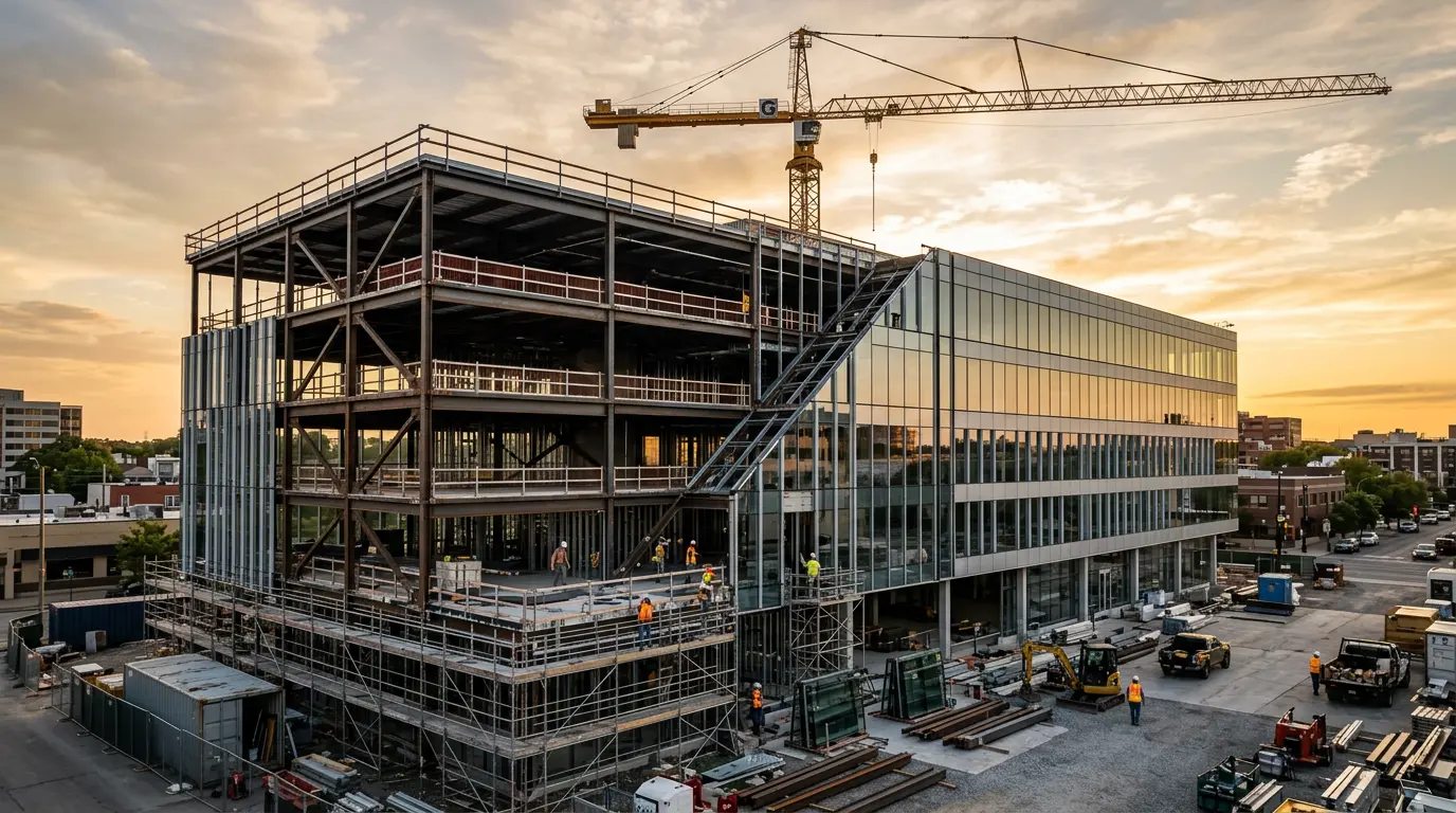 Commercial building under construction with a tower crane at sunset